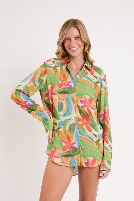 Model Front: Rio De Sol Hemdblusenkleid Tropical Shirt Greta